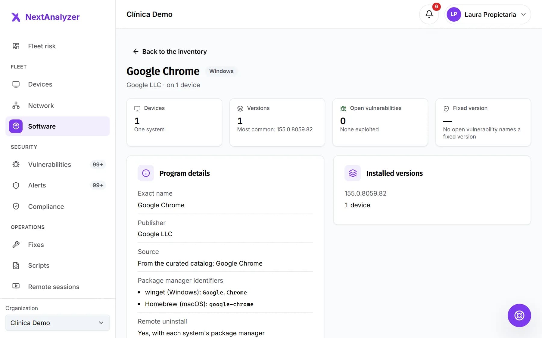 Program page with its devices, versions, open vulnerabilities and program details.