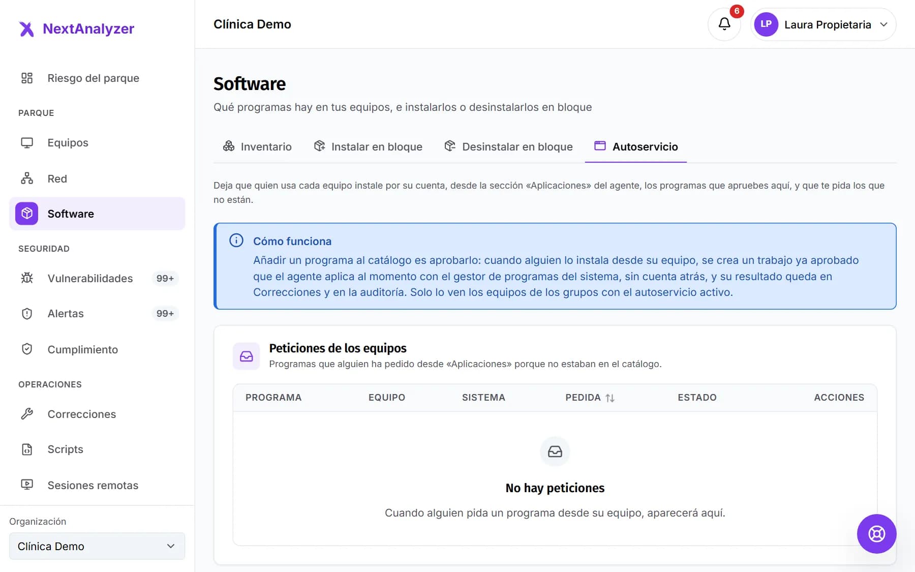 Pestaña Autoservicio con la explicación de cómo funciona y las peticiones de los equipos.