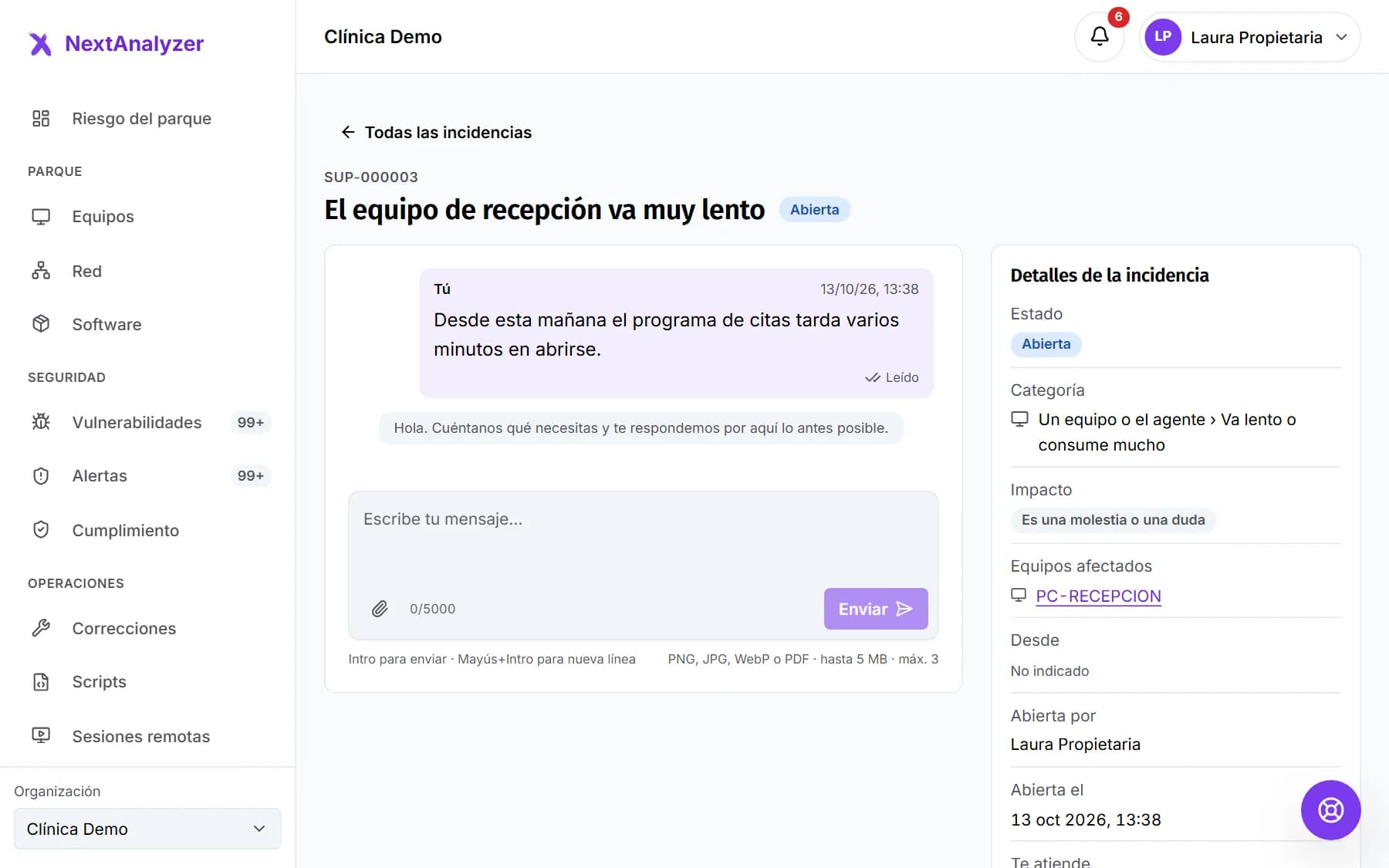 Ficha de una incidencia con sus detalles y la conversación.