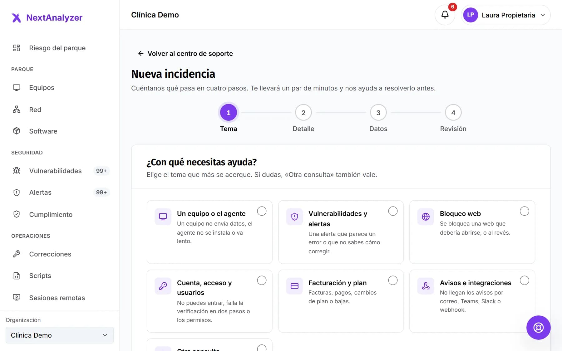 Primer paso del asistente con los temas en tarjetas.