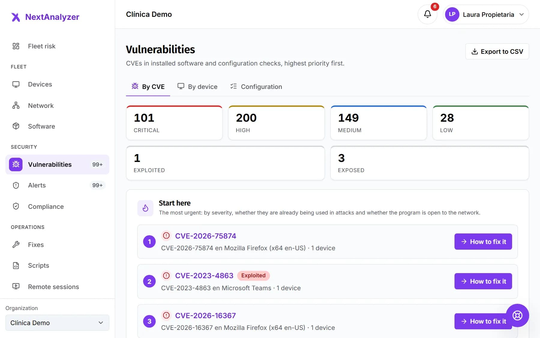 NextAnalyzer vulnerabilities screen: counts by severity, the most urgent ones to start with and the devices at most risk.