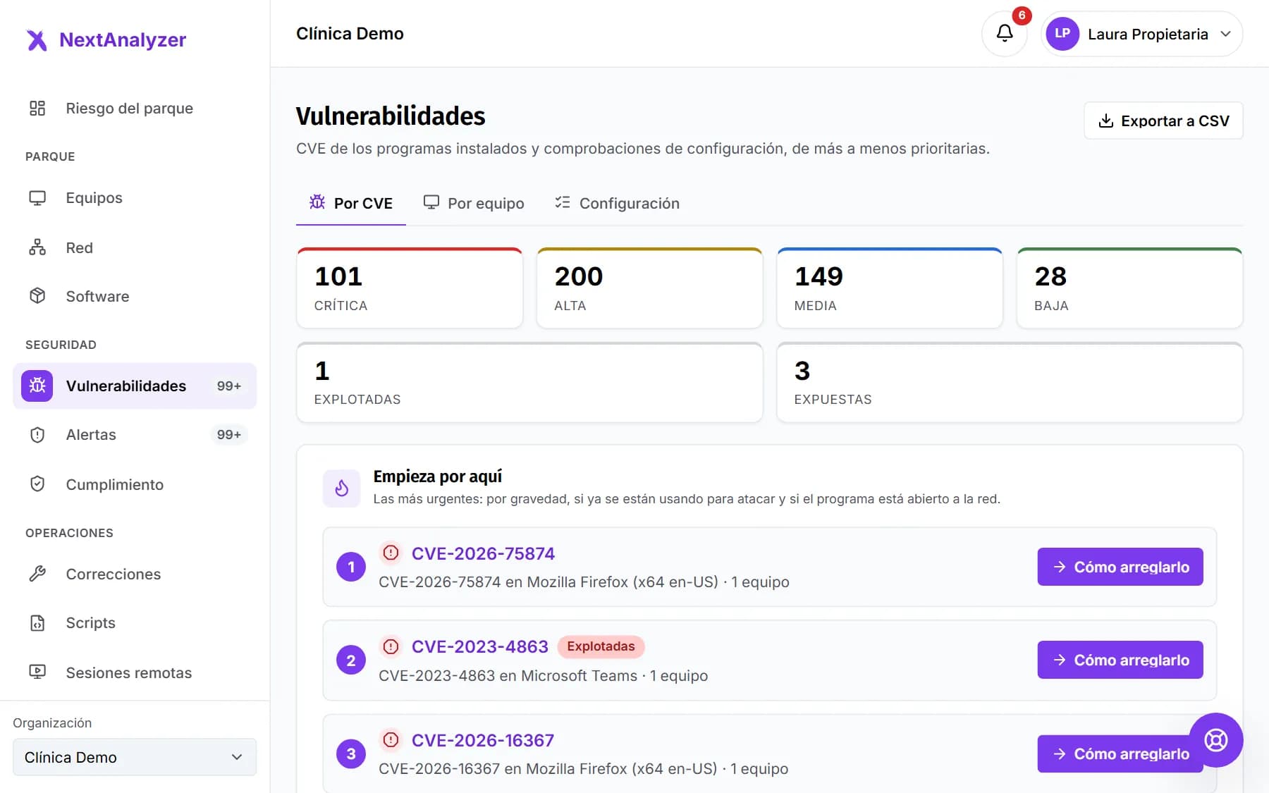 Pantalla de vulnerabilidades de NextAnalyzer: recuentos por severidad, las más urgentes para empezar y los equipos con más riesgo.
