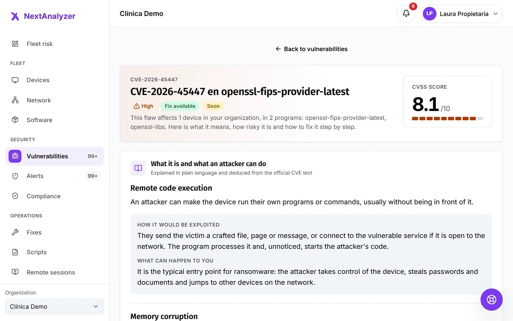 CVE page with its explanation, severity and affected devices.
