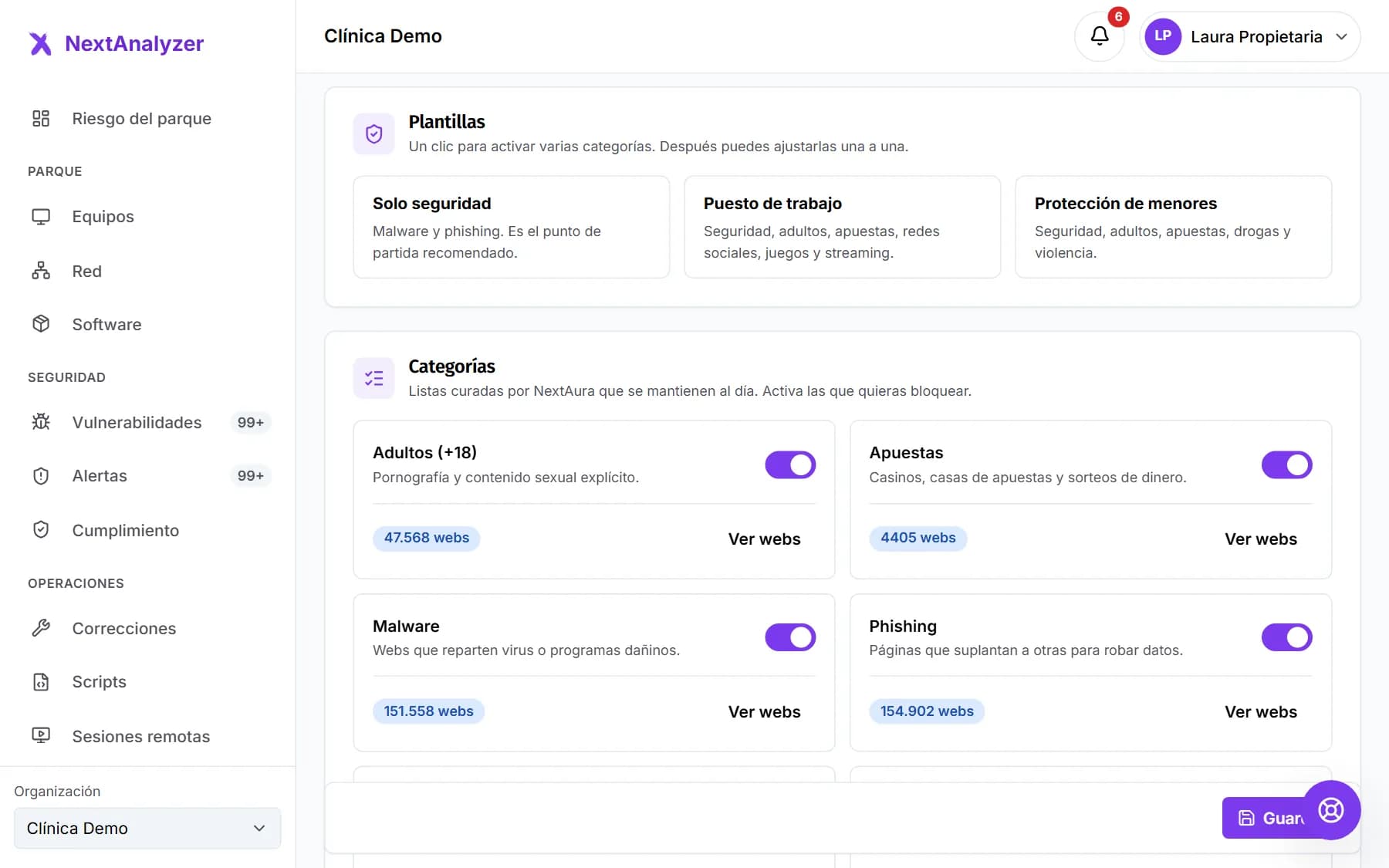 Pantalla de bloqueo web con las categorías disponibles y su interruptor.