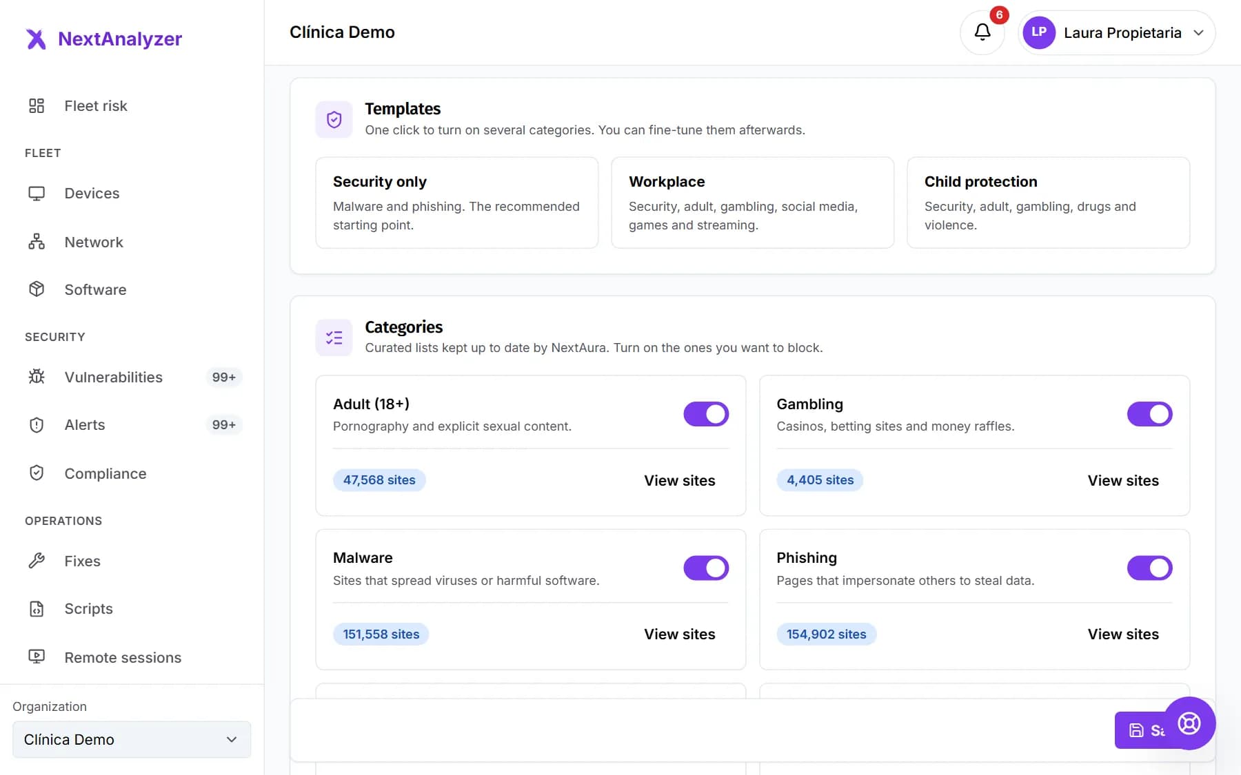 Web blocking screen with the available categories and their switch.