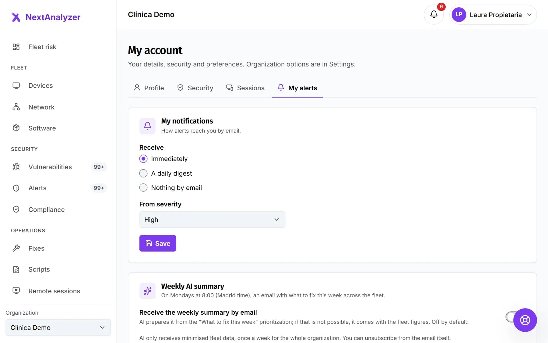Personal notification settings with the email options.