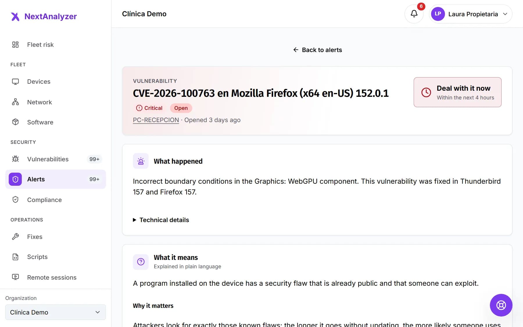 Alert page with its explanation and the actions.