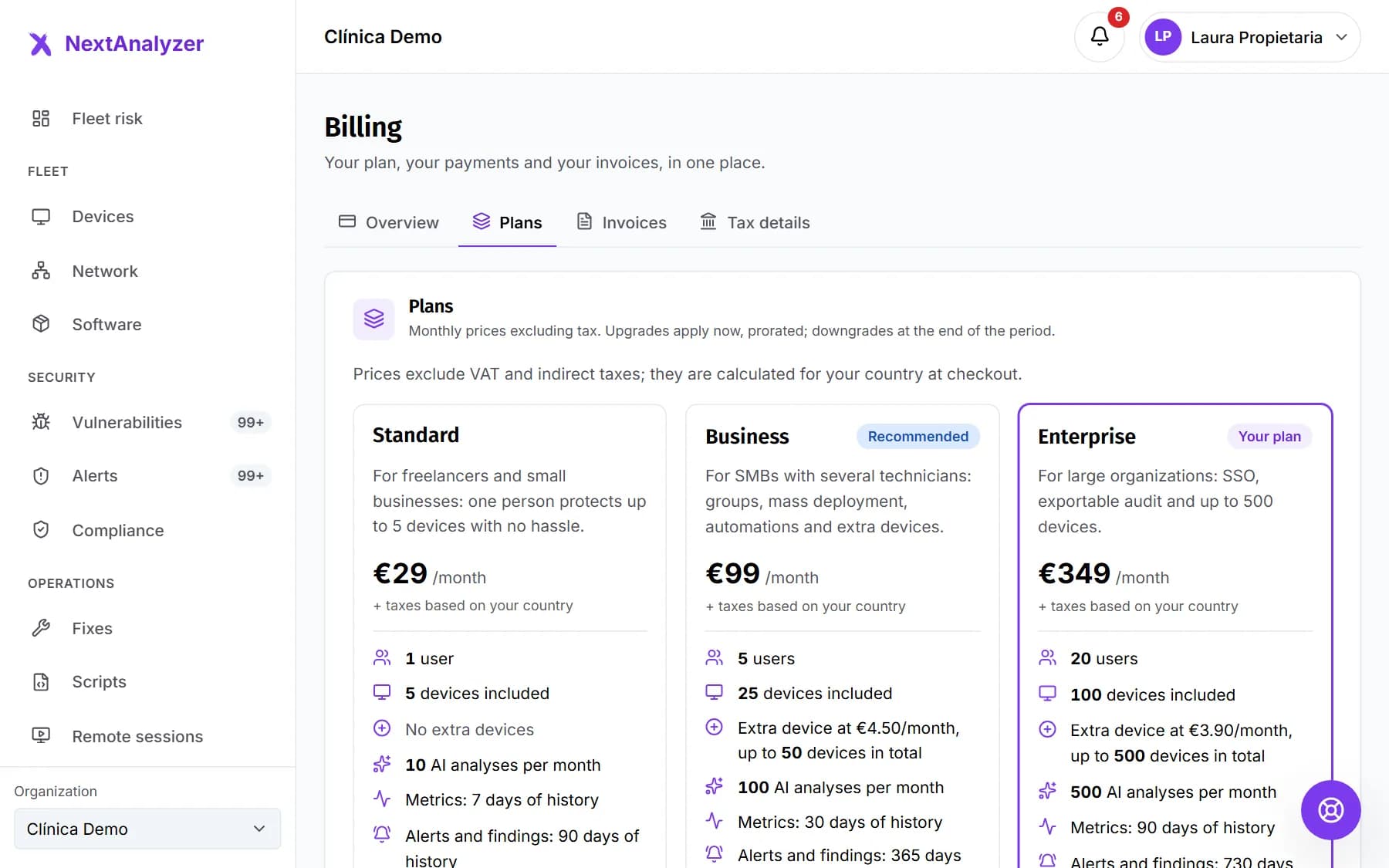 Plan comparison with features and prices.