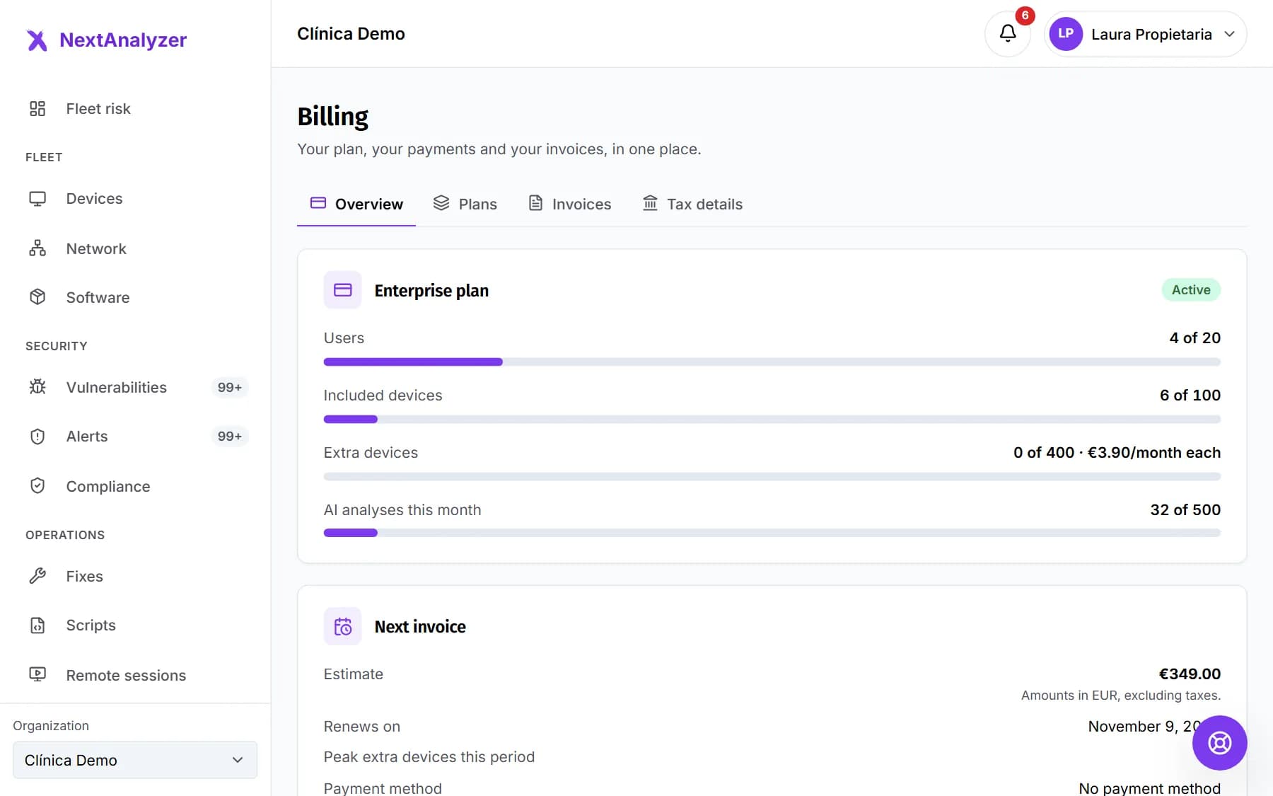 Billing overview with the plan, the next invoice and the payment method.