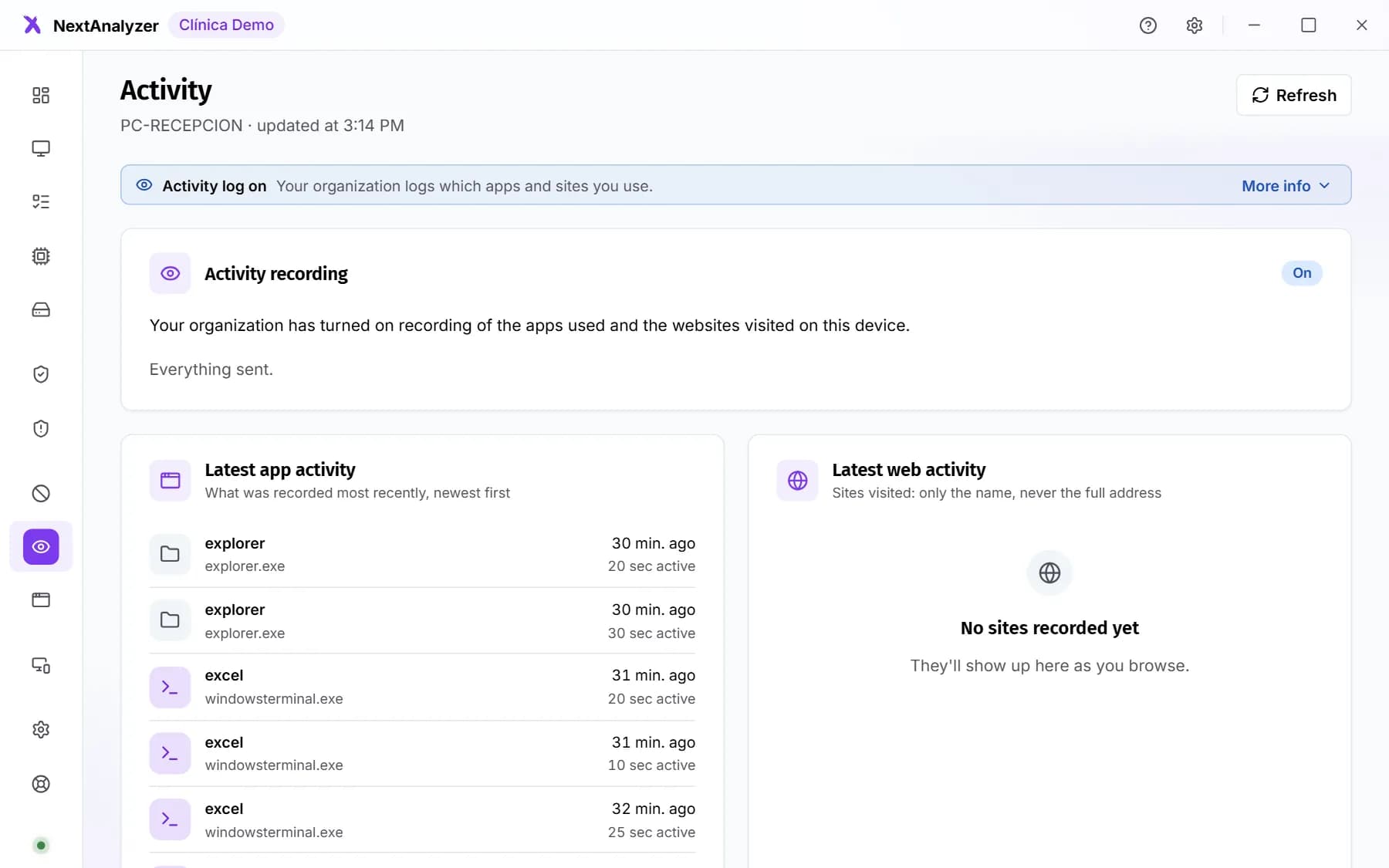 Activity page of the app with the recording notice.