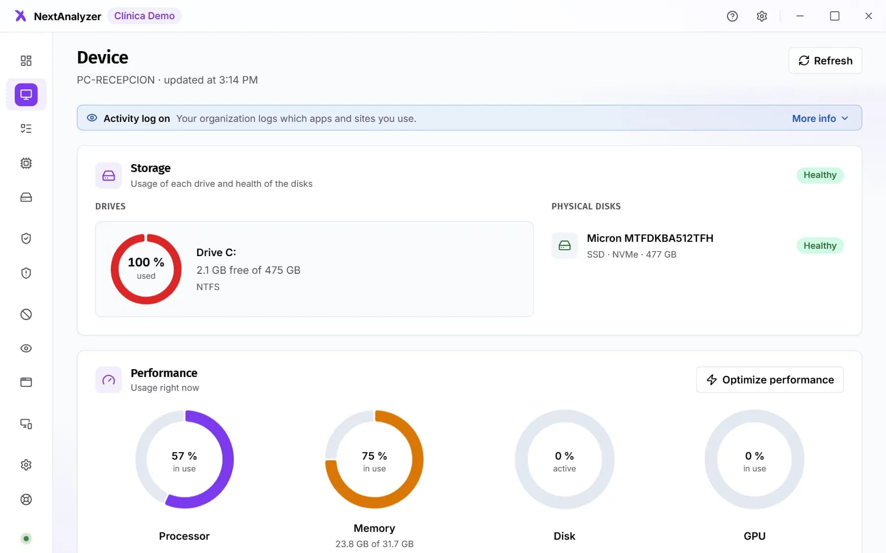 App Device page with storage, performance and the Optimize performance button.