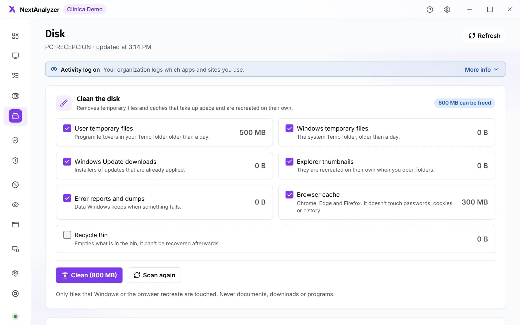 App Disk page with the space that can be freed and the large files.