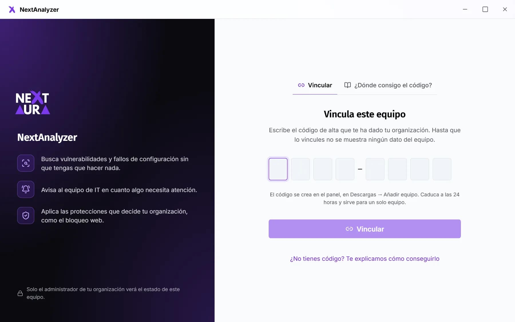 Pantalla de la app de escritorio para vincular el equipo con un código de 8 caracteres.