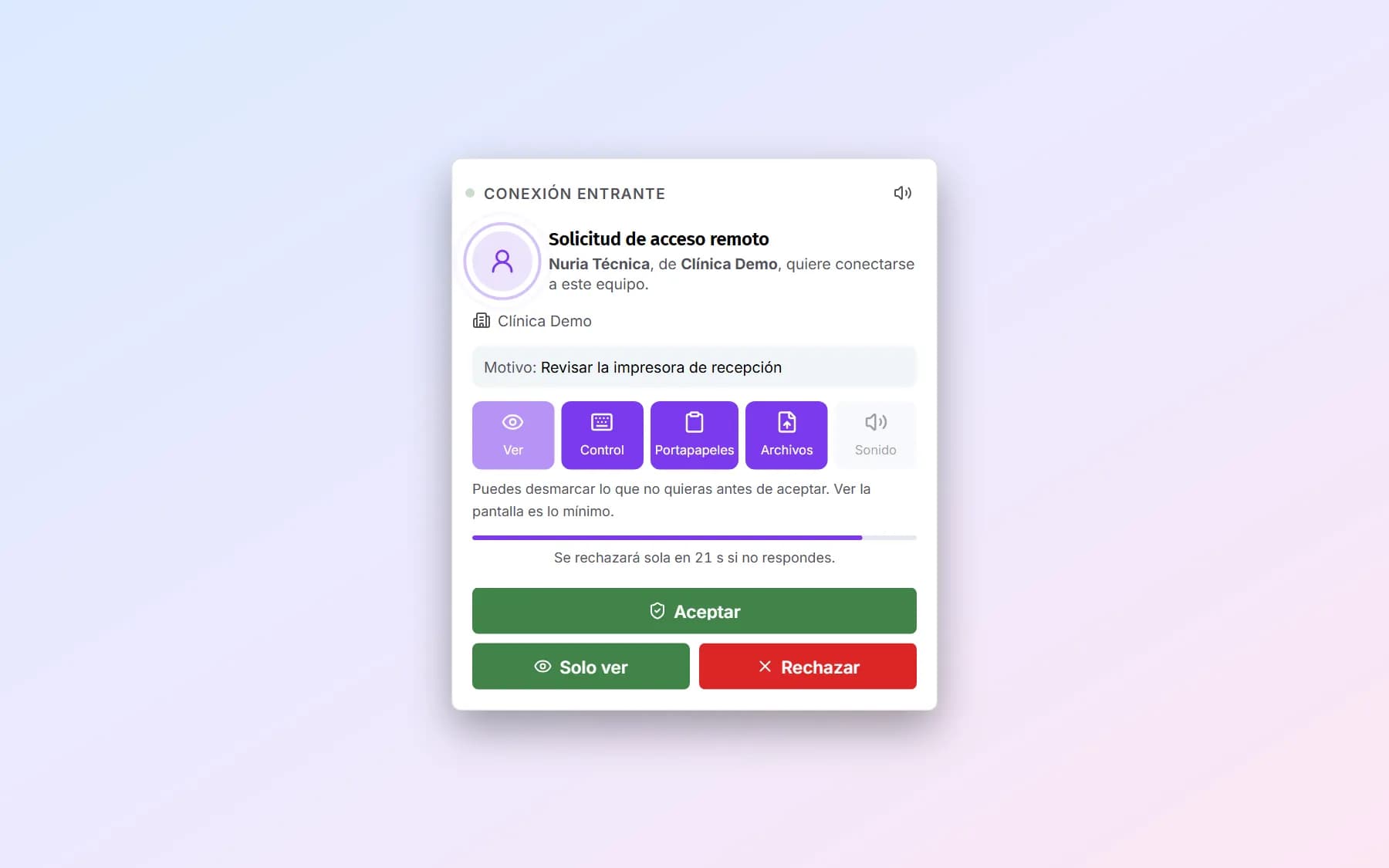 Ventana de la app que pide permiso para una sesión de acceso remoto.