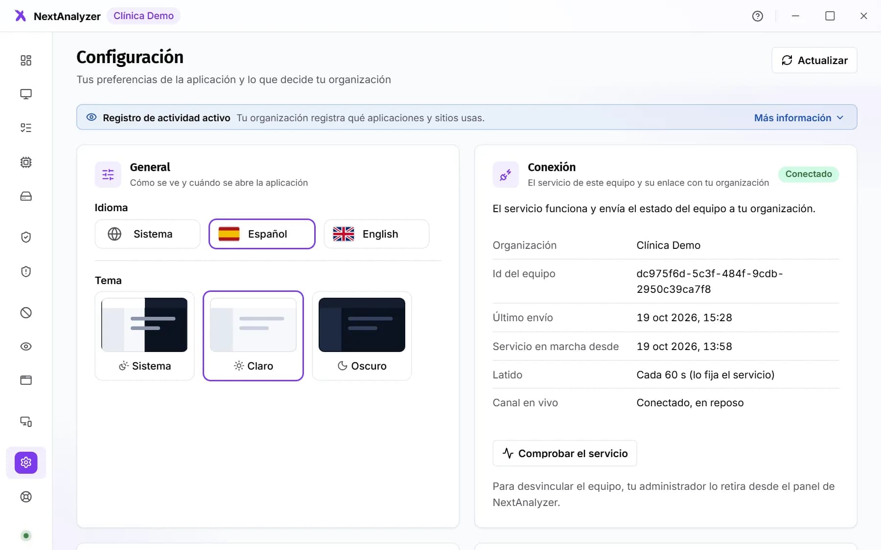 Página Configuración de la app con el estado de la conexión.