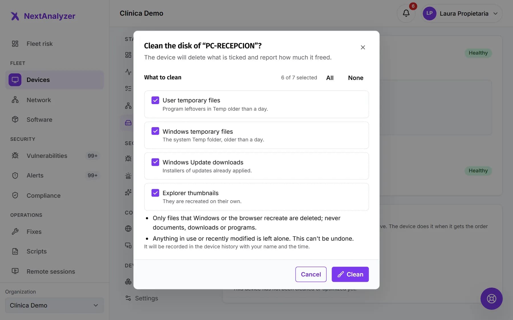 Dialog to clean a device disk with the What to clean categories ticked and the Cancel and Clean buttons.