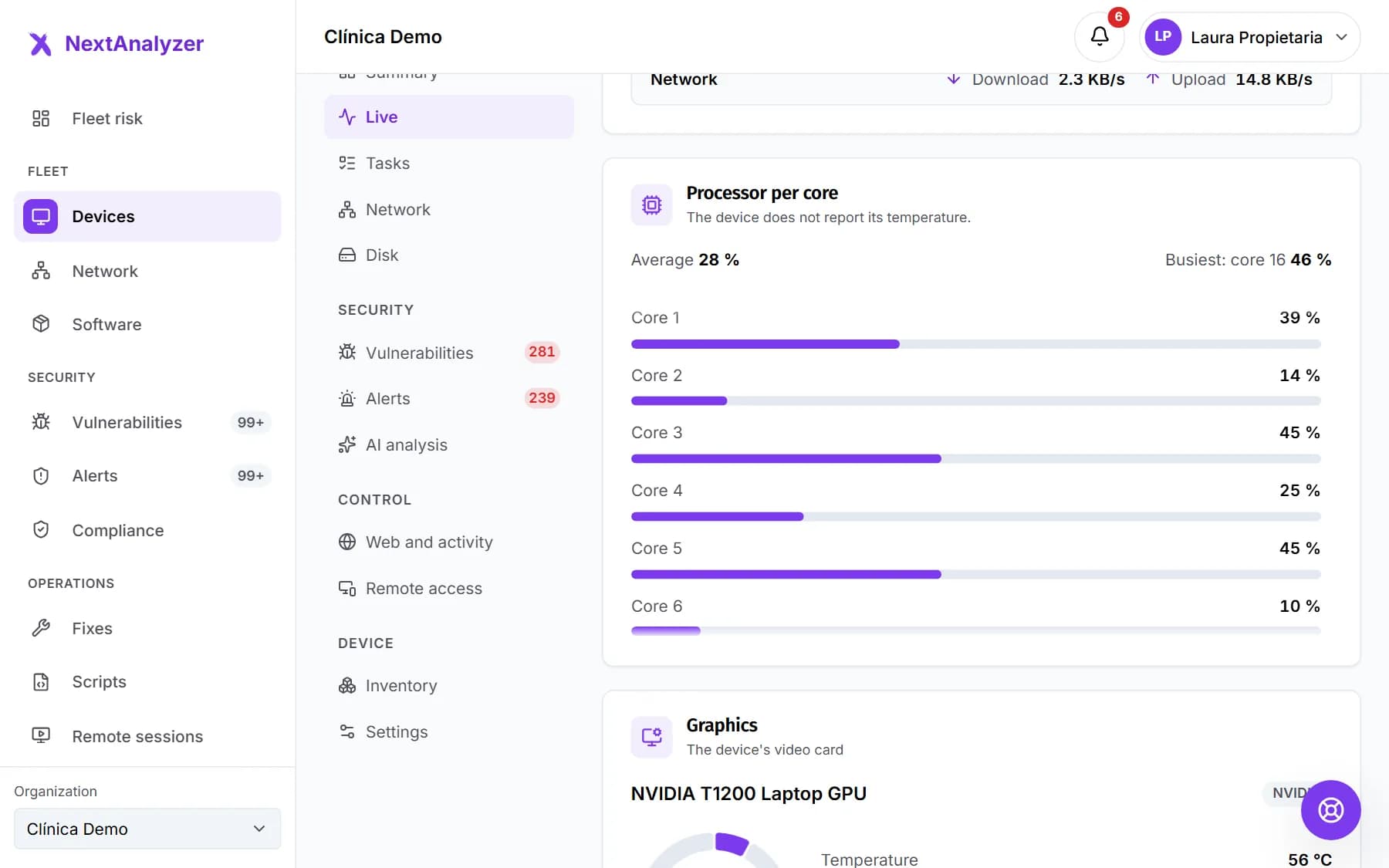 History block of the Live tab with the 24-hour range and the average and peak charts for processor and memory.