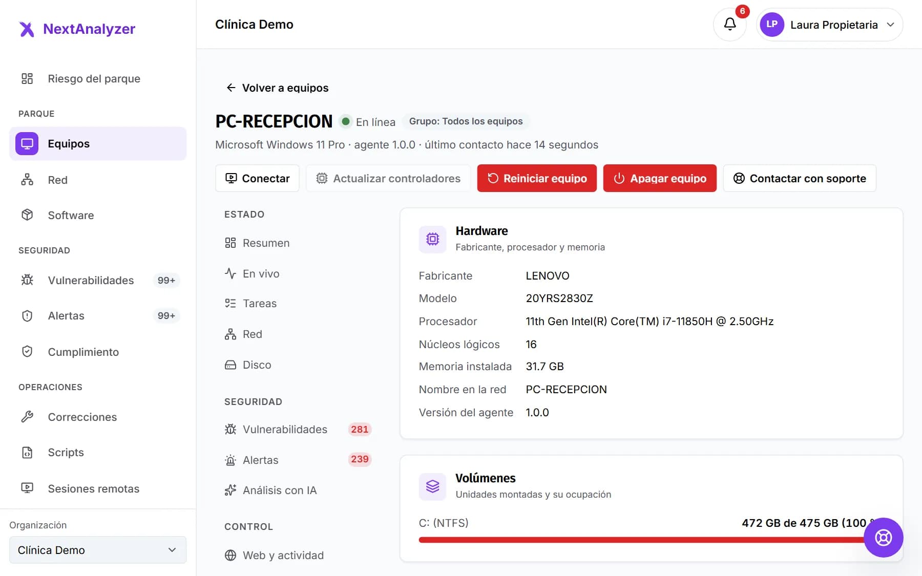 Pestaña Inventario de un equipo con su hardware y sus volúmenes.