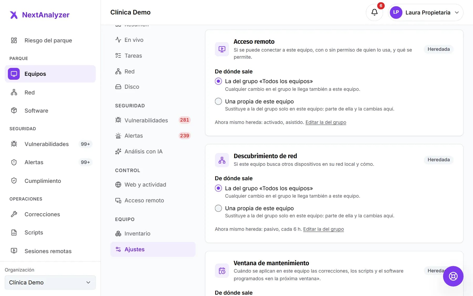 Políticas de un equipo heredadas de su grupo.