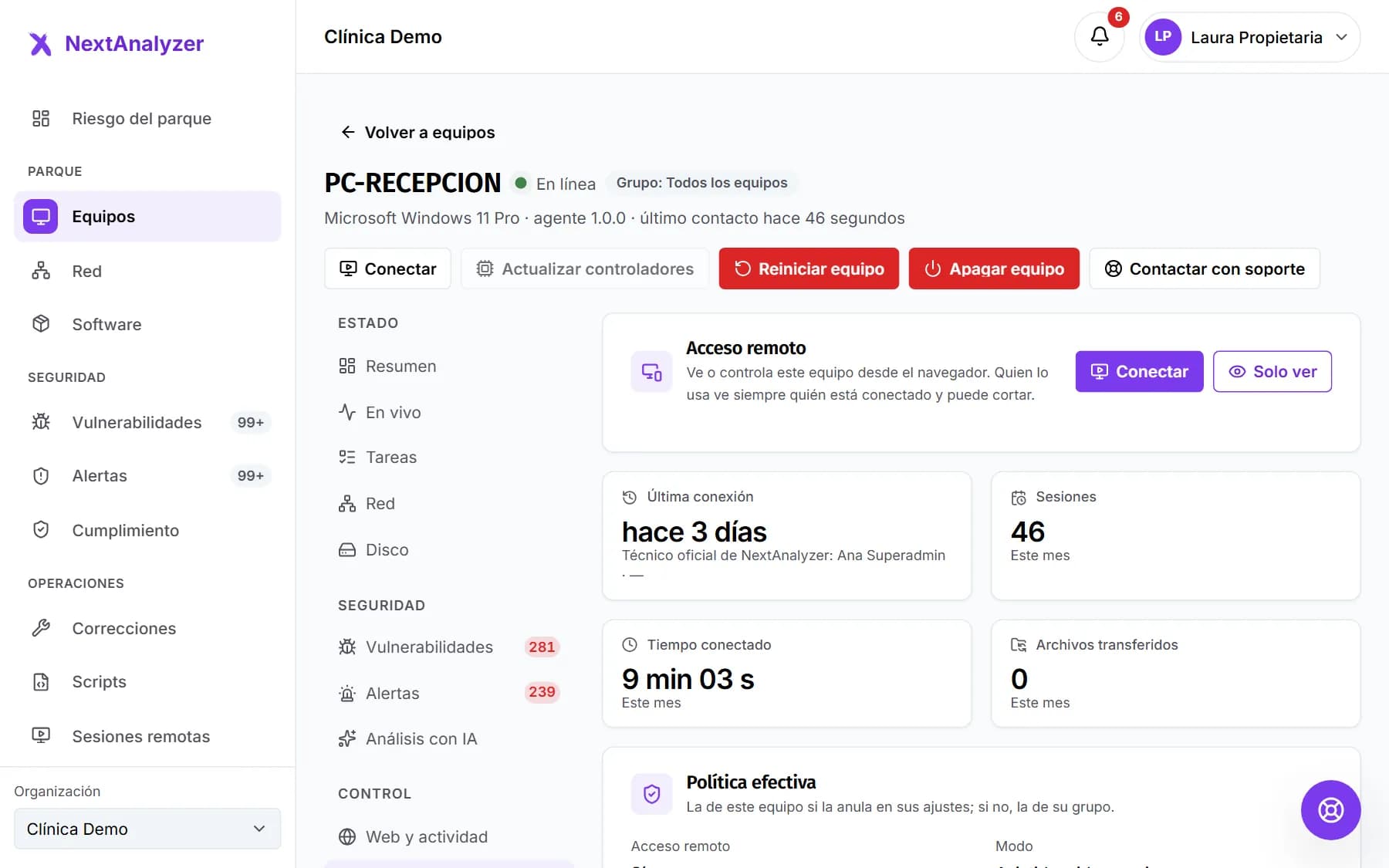 Pestaña Acceso remoto de un equipo con los botones Conectar y Solo ver, las cifras del mes y la política efectiva.