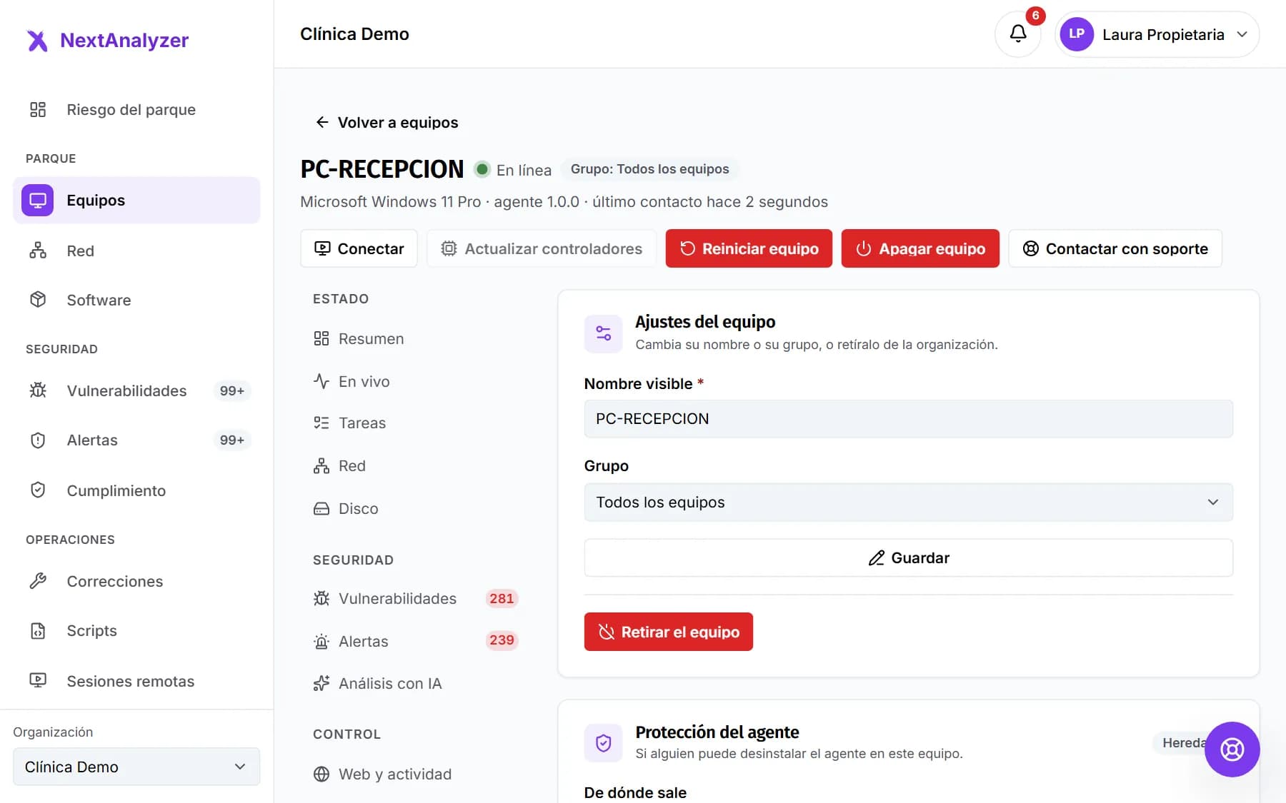 Pestaña Ajustes de un equipo con su nombre visible, su grupo y sus políticas.
