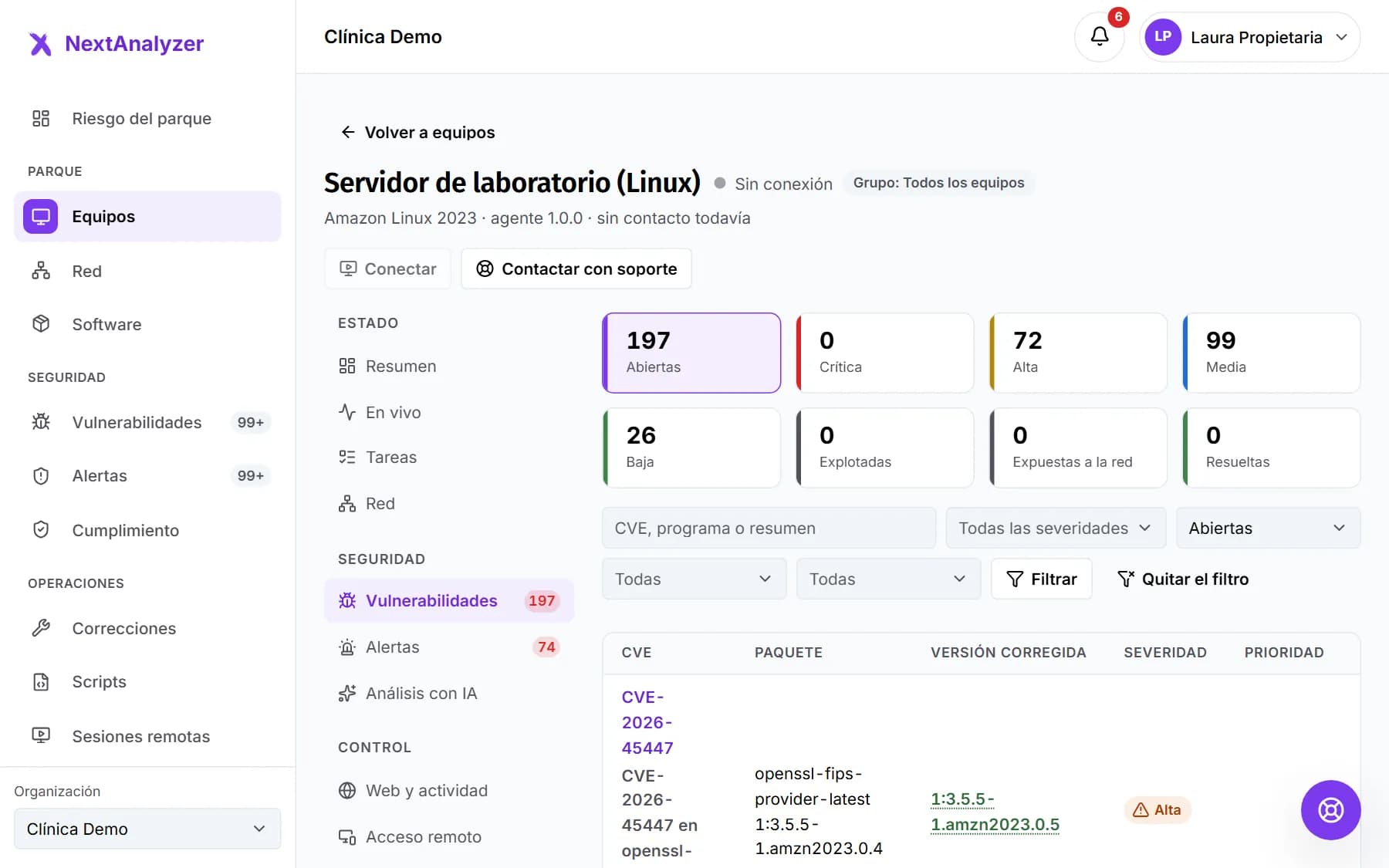 Pestaña Vulnerabilidades de un equipo con sus hallazgos.