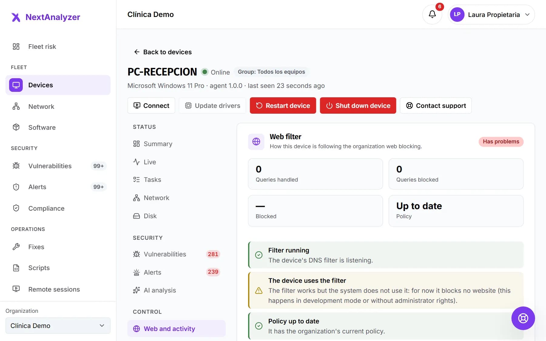 Web and activity tab of a device with the filter status and its checks.