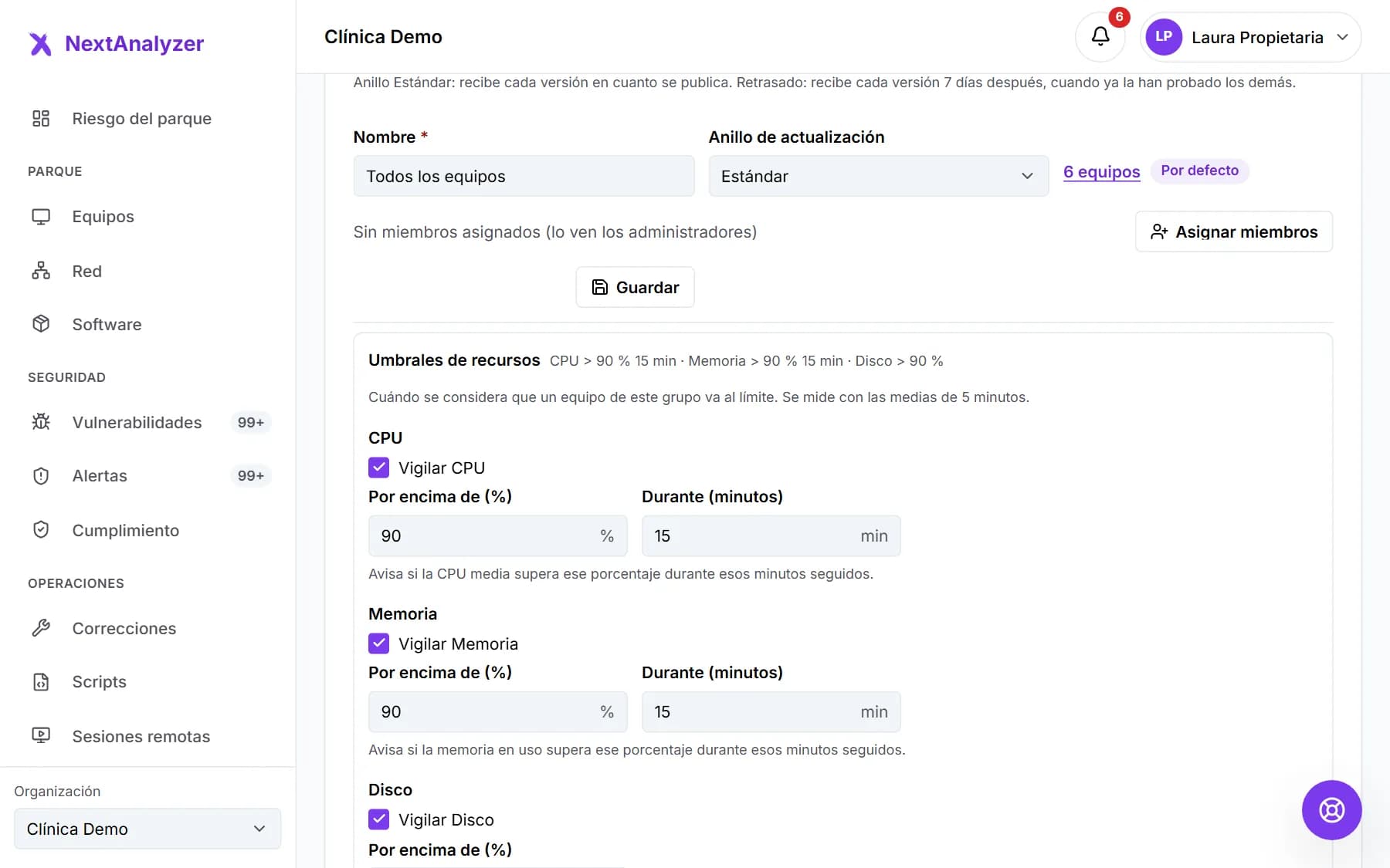 Grupo desplegado en la pestaña Grupos con sus umbrales de recursos de CPU, memoria y disco.