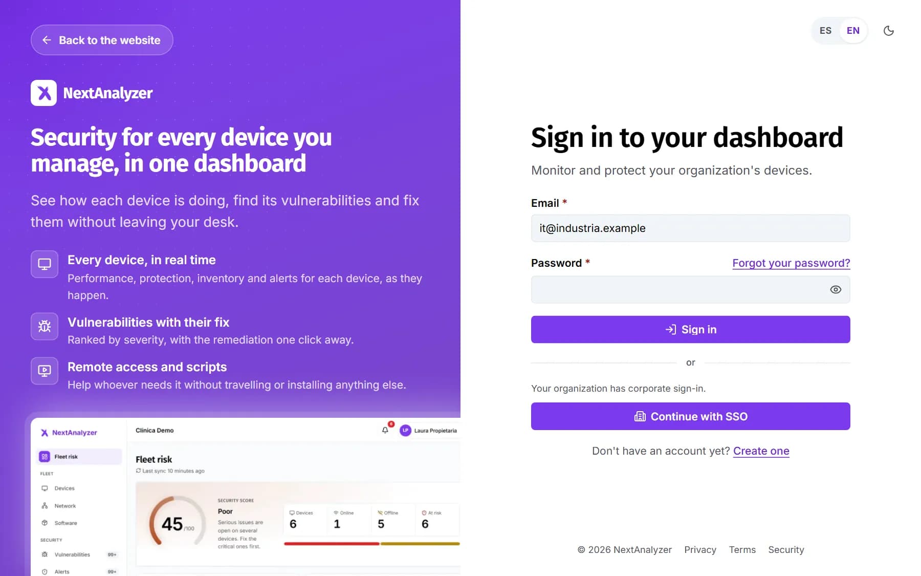 Sign-in screen with a work email typed in, the corporate sign-in notice and the Continue with SSO button.