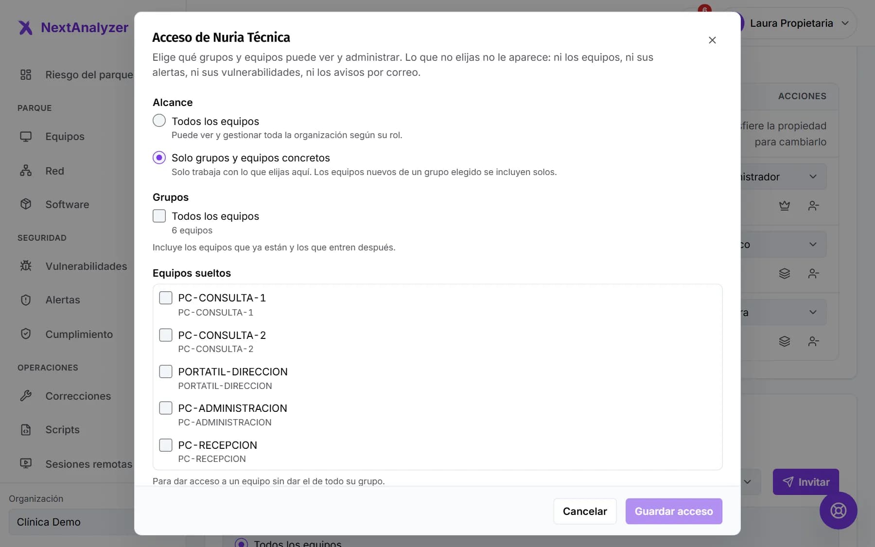 Diálogo Acceso de un miembro con el alcance Solo grupos y equipos concretos elegido para marcar sus grupos y equipos.