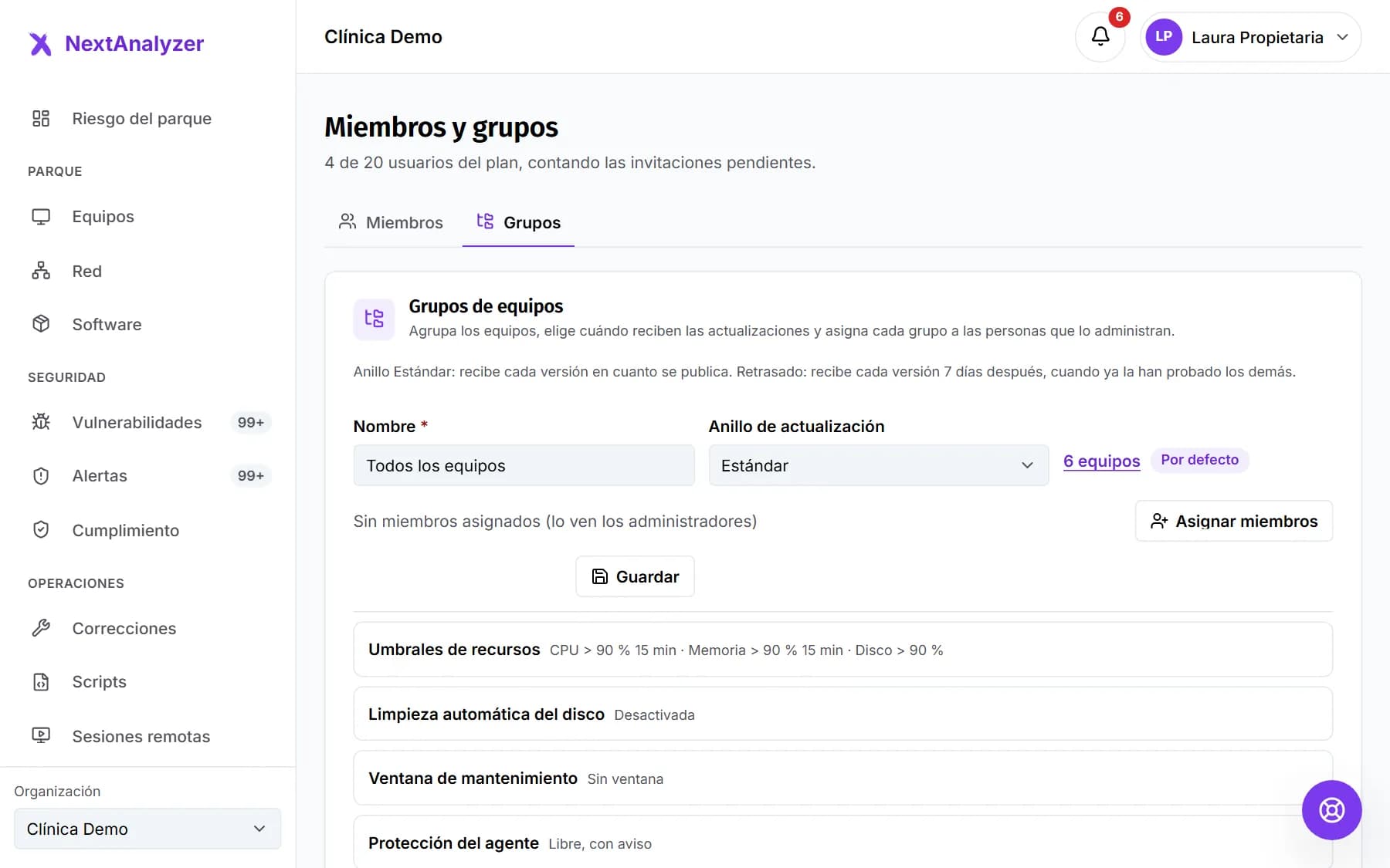 Pestaña Grupos de Miembros y grupos con los grupos y su anillo de actualización.