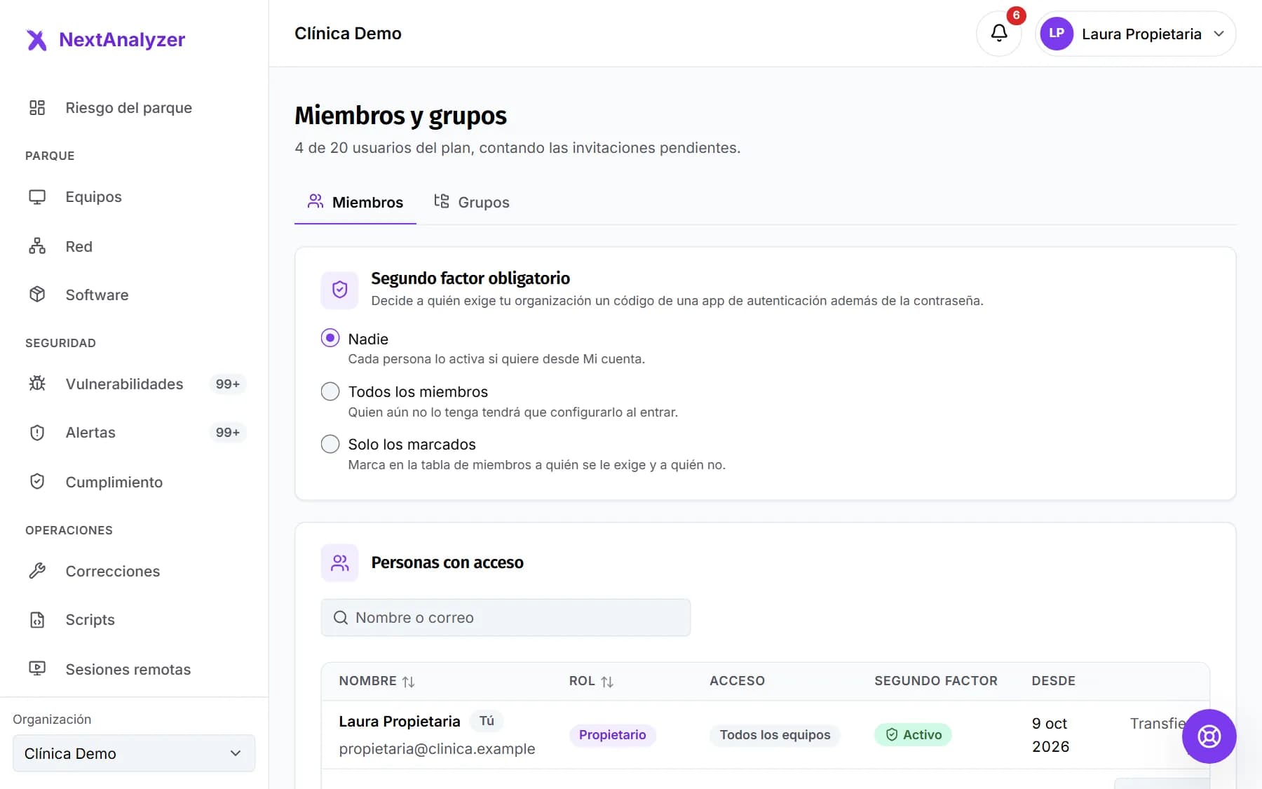 Miembros de la organización con su rol y las invitaciones pendientes.