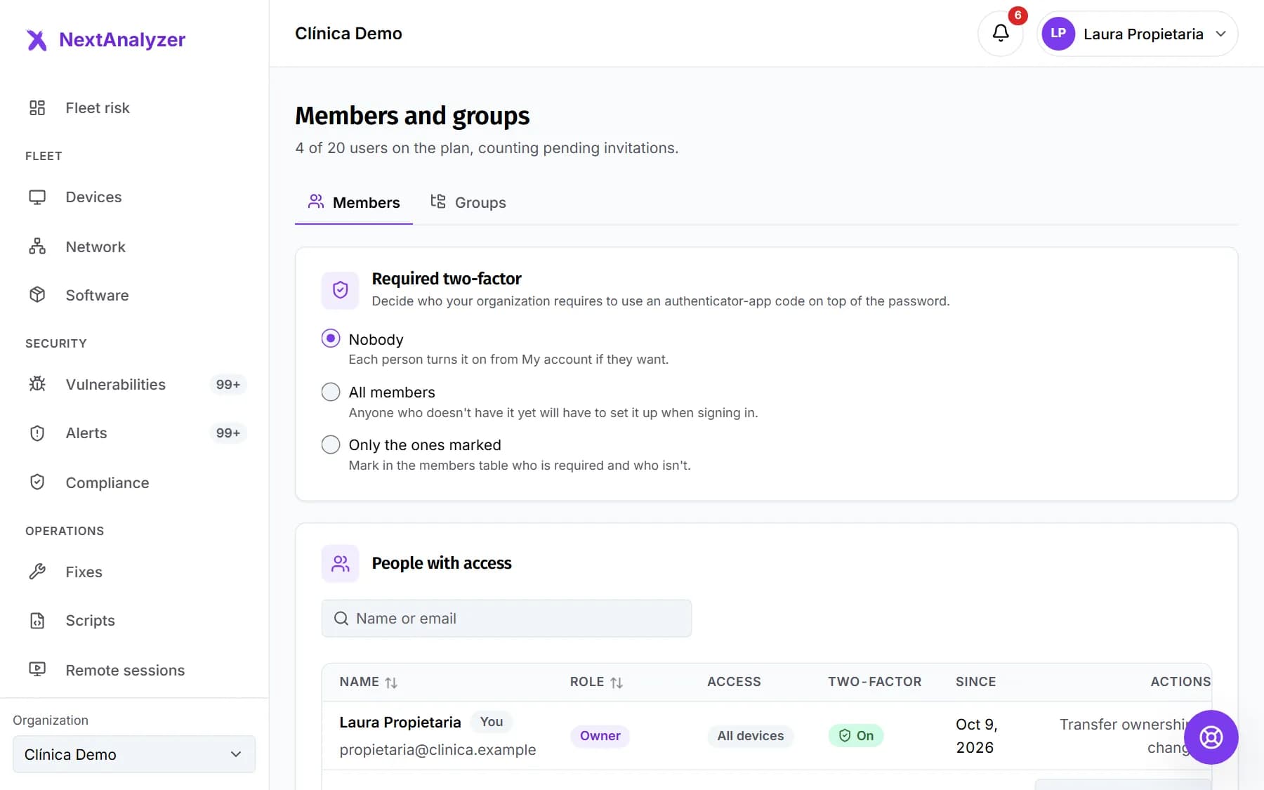 Members and groups page with the list of members and their roles.