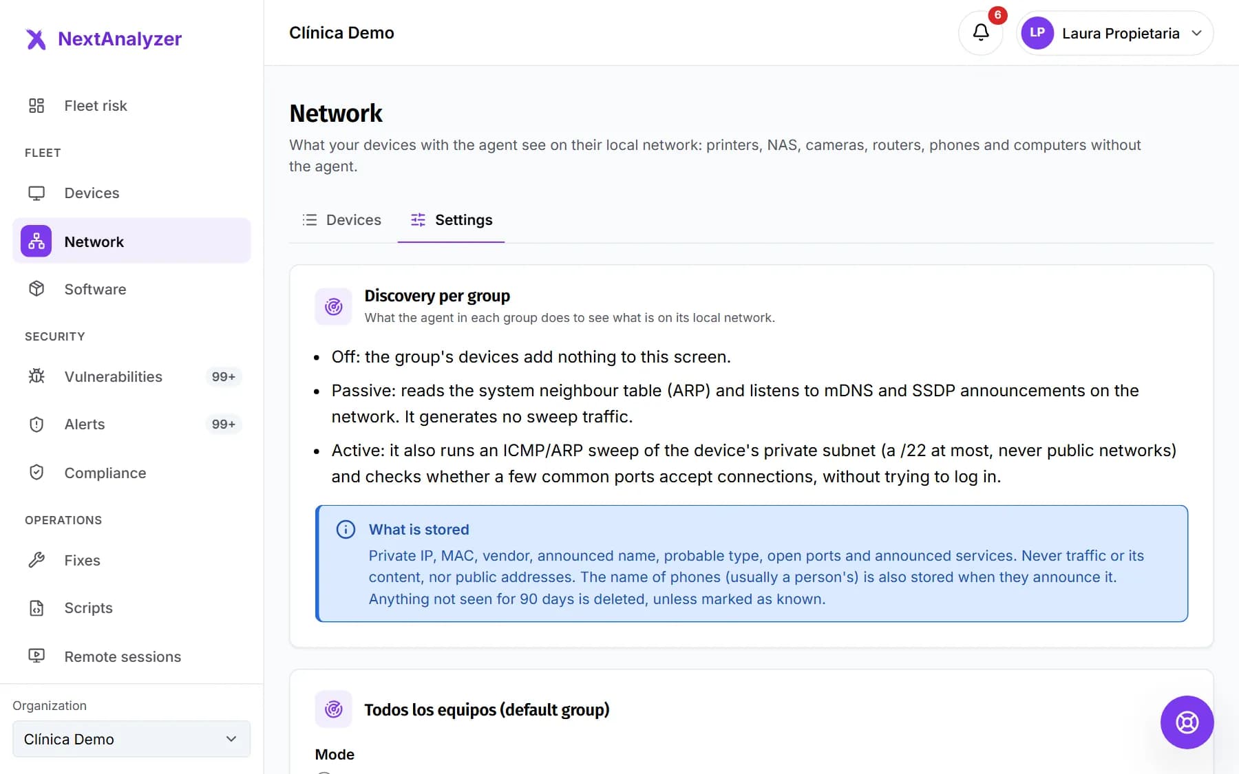 Network settings with the mode, frequency and an explanation of what is stored.