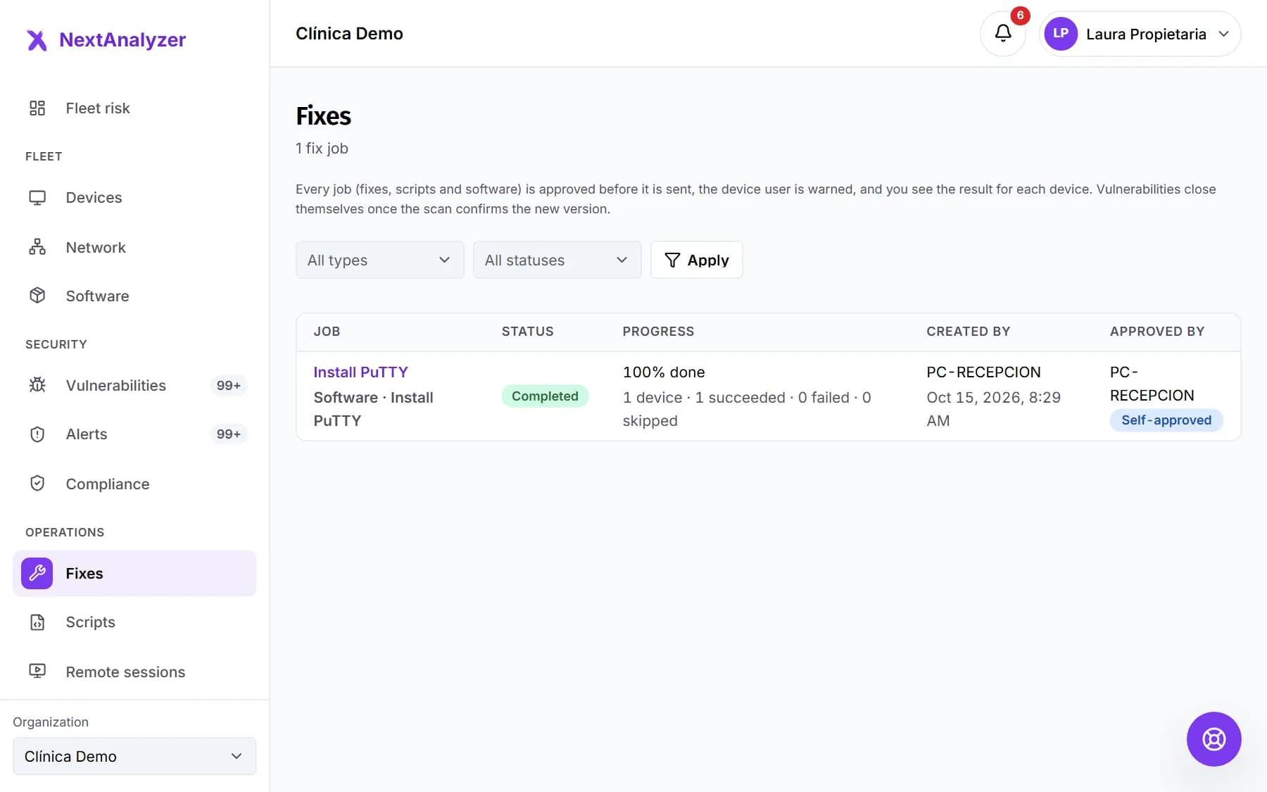 List of jobs in Fixes with status, progress and who created and approved them.