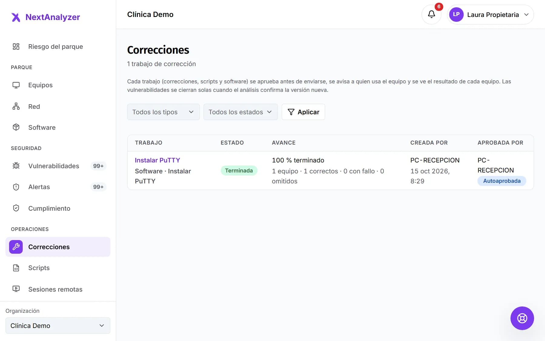 Lista de trabajos en Correcciones con su estado, su avance y quién los creó y aprobó.