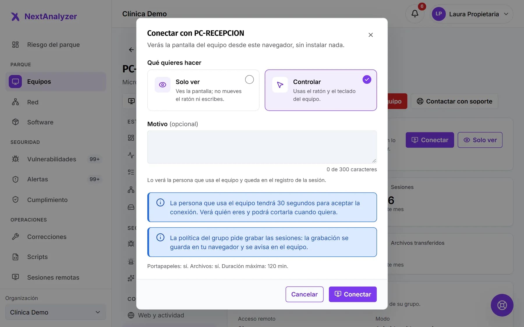 Diálogo Conectar con las opciones Solo ver y Controlar, el campo del motivo y el resumen de la política.