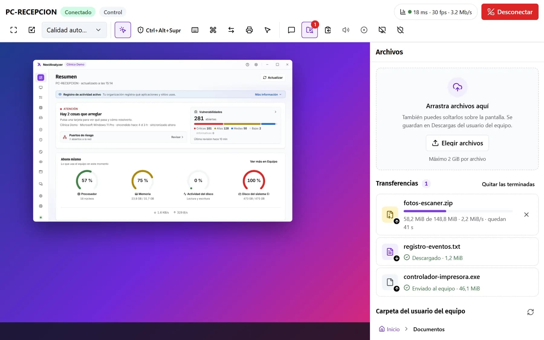 Panel Archivos del visor con la zona para soltar archivos, las transferencias en curso y la carpeta del usuario.