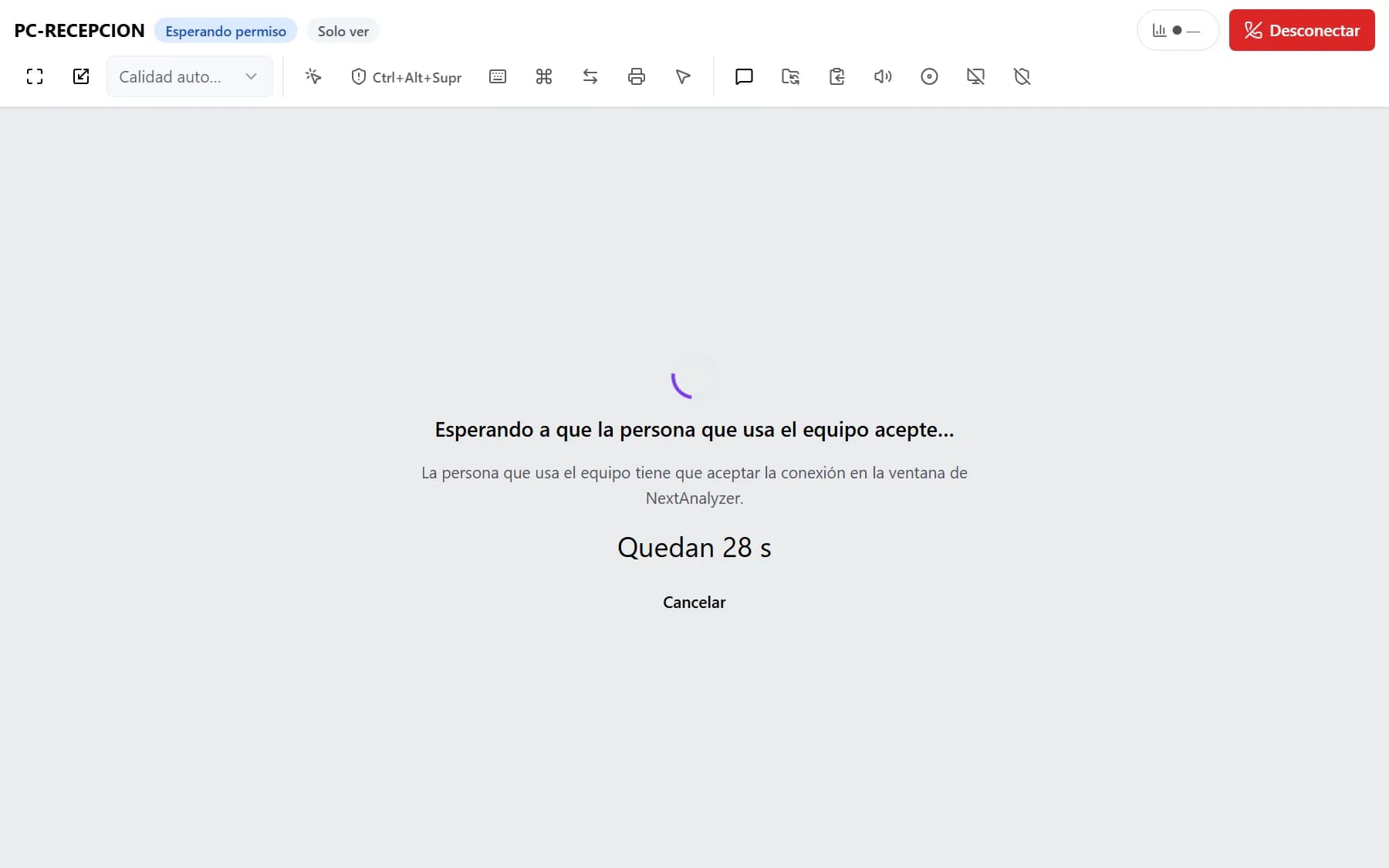 Visor esperando a que la persona del equipo acepte, con la cuenta atrás y el botón Cancelar.