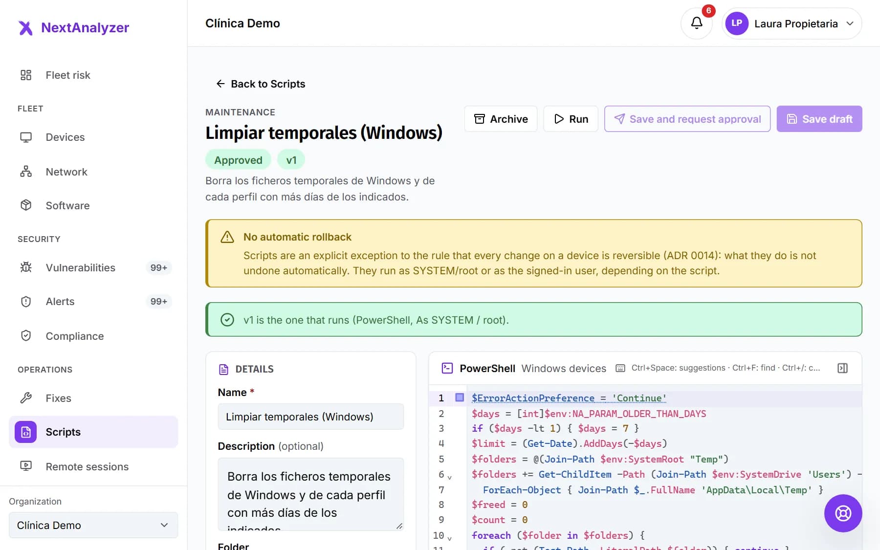 Approved script page with its version, the warning that it is not undone automatically and the code.