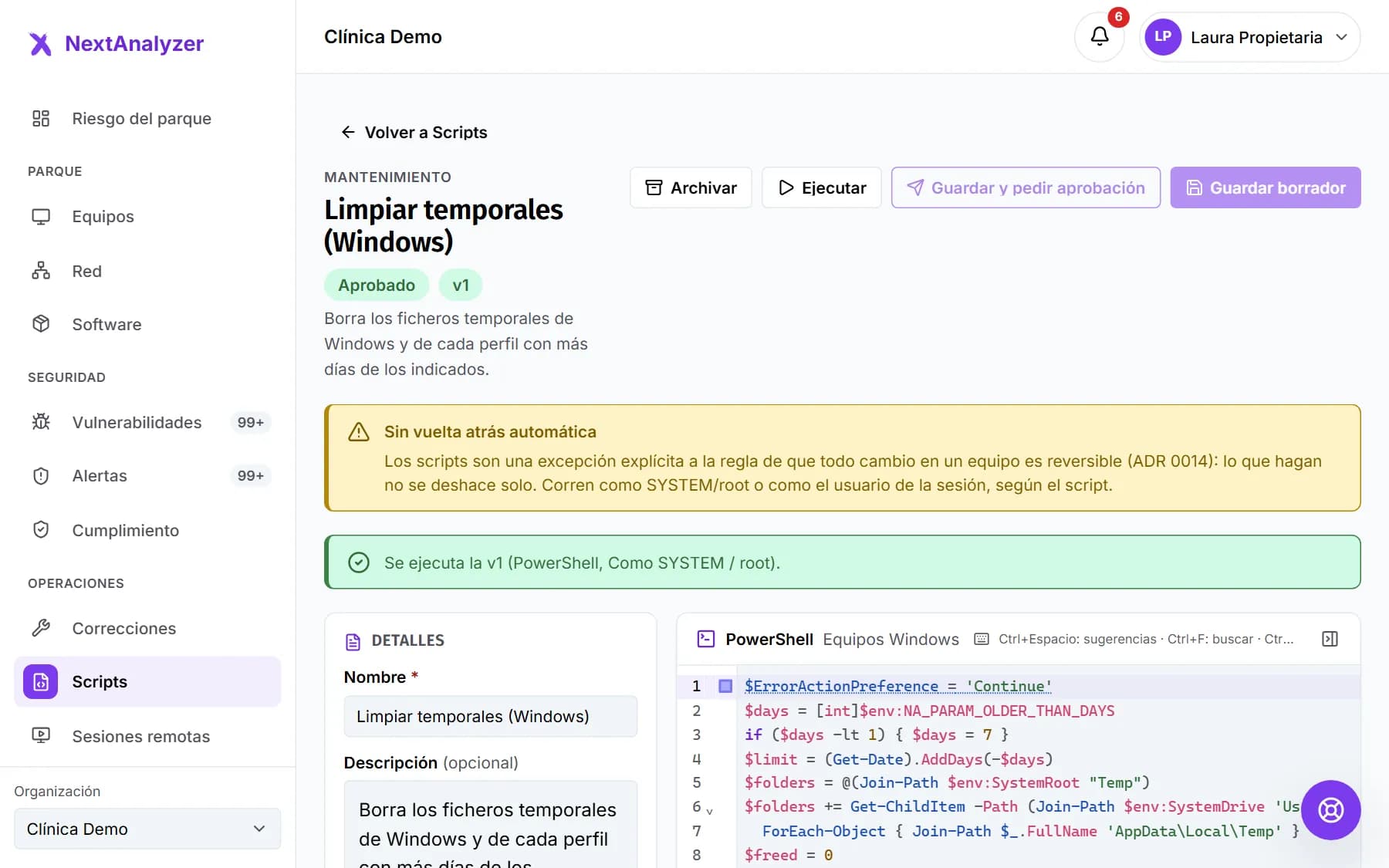 Ficha de un script aprobado con su versión, el aviso de que no se deshace solo y el código.