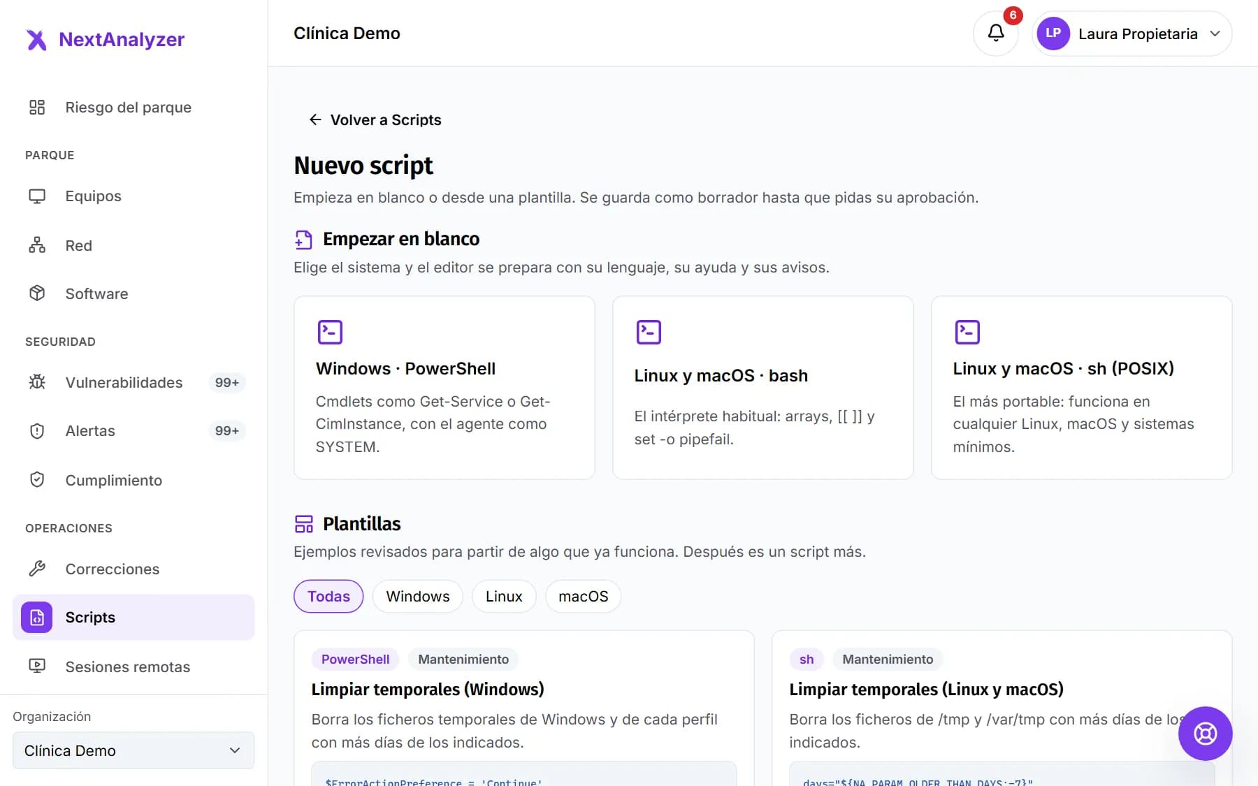 Pantalla Nuevo script con las opciones para empezar en blanco y las plantillas por sistema.