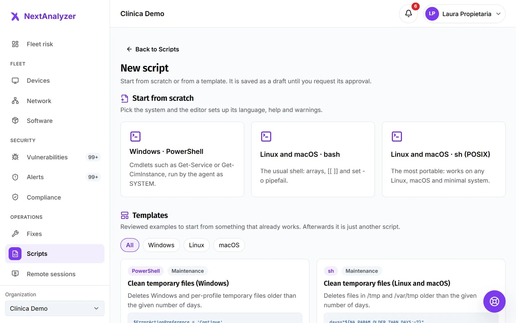 New script screen with the options to start from scratch and the templates per system.