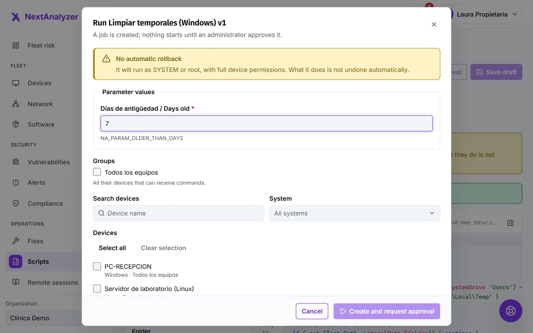 Run a script dialog with parameter values, groups and device search.