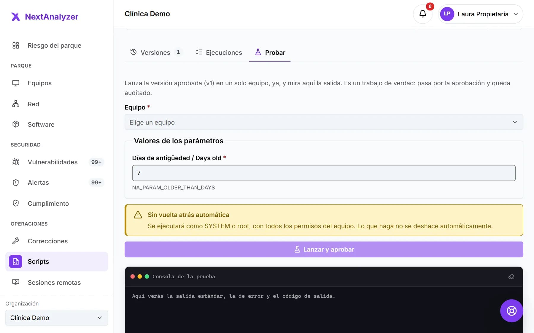 Pestaña Probar de un script con el equipo en el que se prueba, los valores de los parámetros y la consola de la prueba.