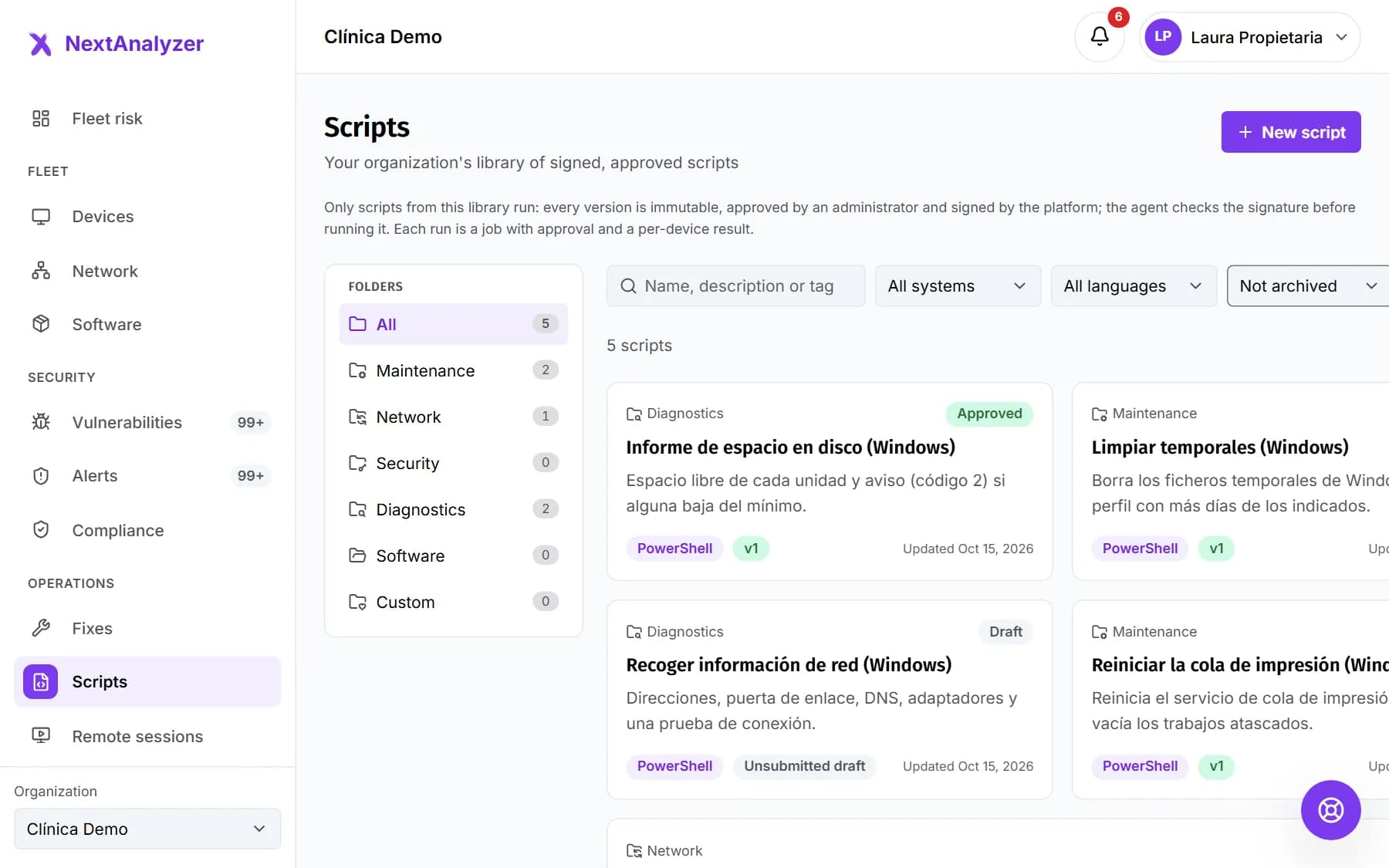 Script library in cards with folder, status and approved version.