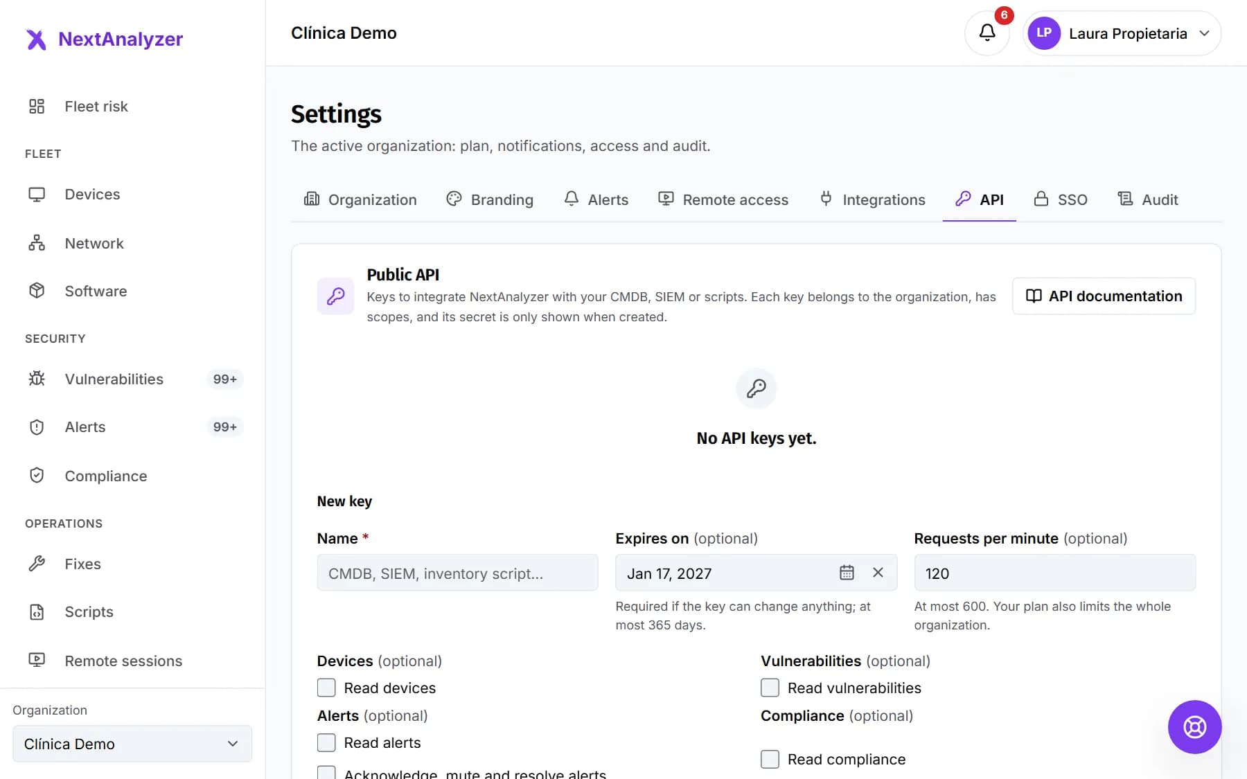 Public API settings with the form to create a new key and its scopes.