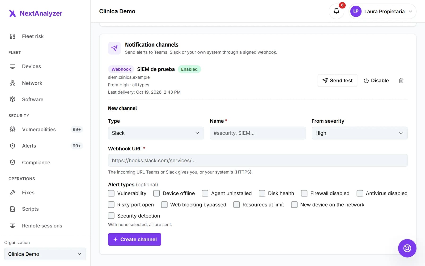 New channel form in Settings › Notifications with the type, name, minimum severity, webhook URL and alert types.