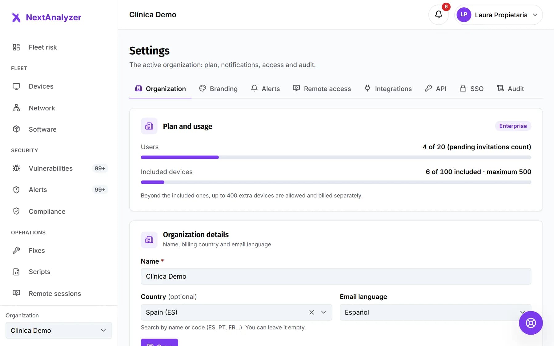 Settings with the plan and the use of devices and users.