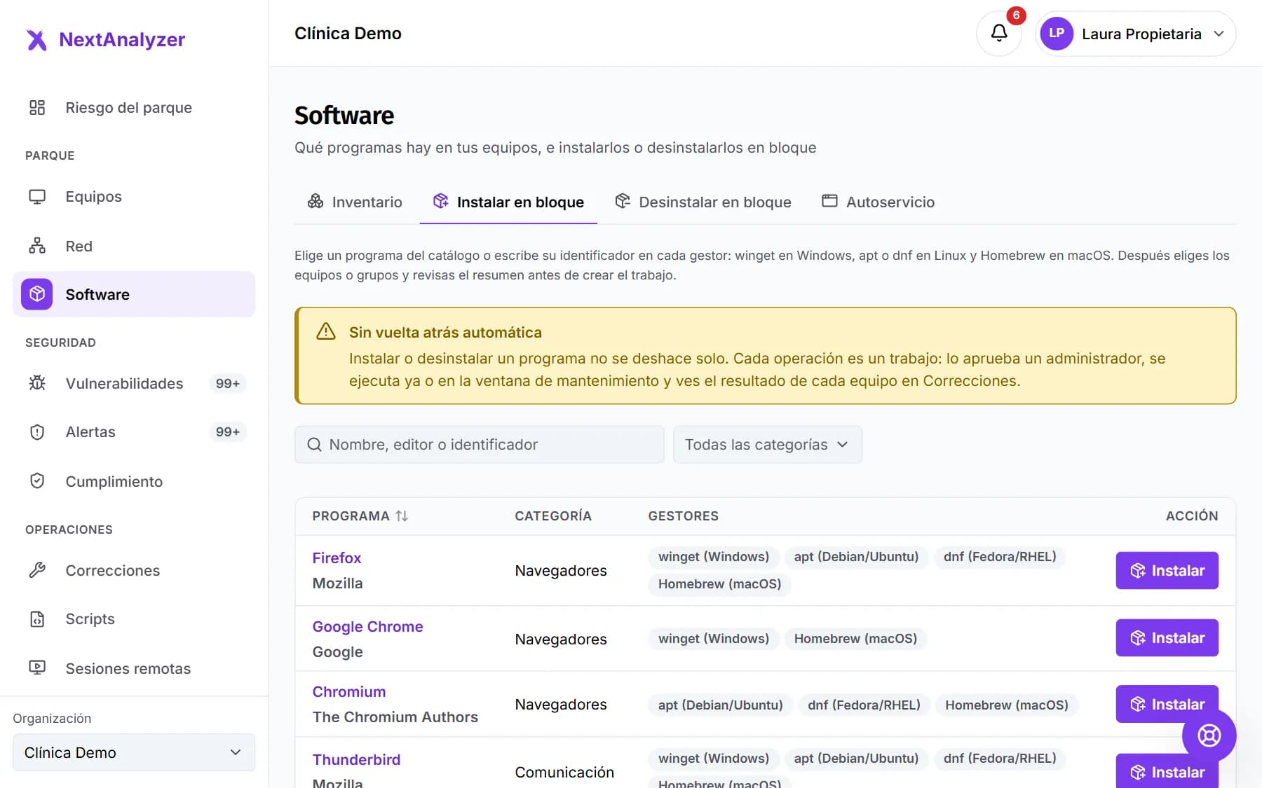 Catálogo de programas para instalar en bloque con su categoría y los gestores de cada sistema.